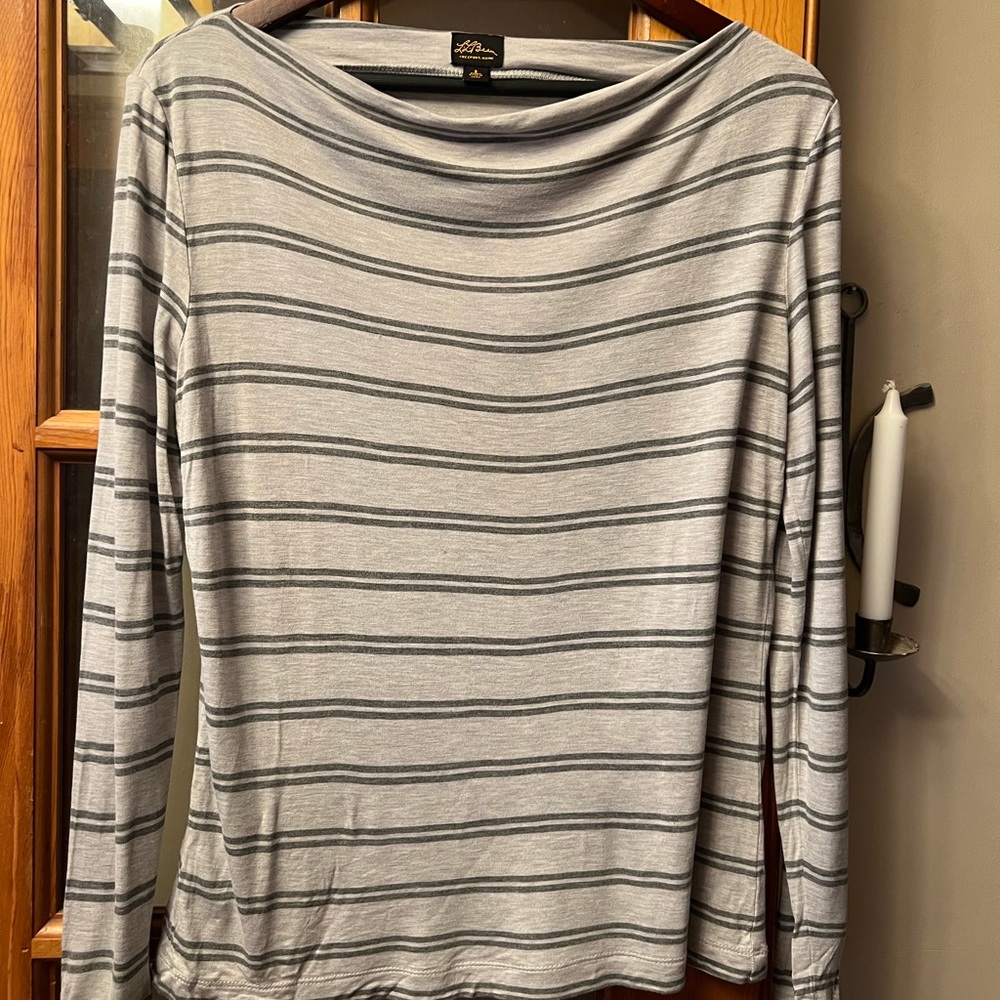 L.L.Bean Signature Boat Neck Two Tone Grey Striped Shirt Small